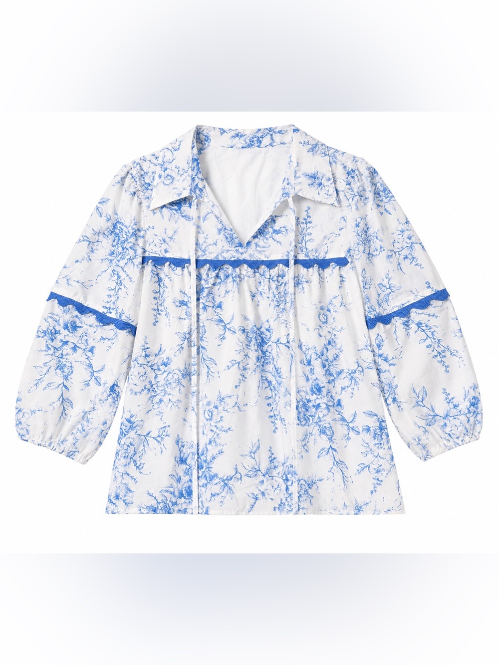 Blue and White Floral Ric Rac Detail Peasant Top- M